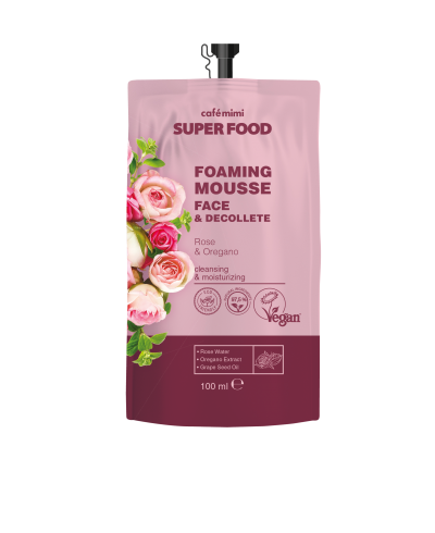 CAFE MIMI SUPER FOOD Pieniący się kremowy mus do twarzy i dekoltu,Róża i Oregano,100ml